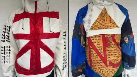 Two jackets made from a mainsail are displayed side by side. The left one features a bold red graphic resembling a cross, set against a white background. The one on the right is made from panels of brightly-coloured material, including blue, yellow, red and off white. The front features handwritten style text in repeating lines.