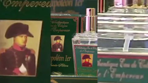 Image of a green perfume bottle with a picture of Napoleon on the front