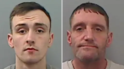 Cleveland Police Mugshots of Ryan Moore and Michael Charville. Moore is younger with a pale complexion, faint stubble and and short dark hair. Charville is older with faint grey stubble and short dark hair.