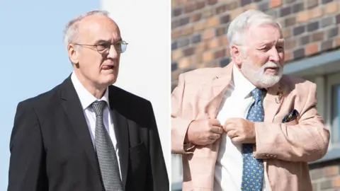 A composite image showing Robin Griffiths on the left wearing a black suit, white shirt and chequered tie. He has short grey hair and glasses. On the right, Angus Riddell wears a salmon suit and white shirt with a blue patterned tie. He has a white beard and white hair. 