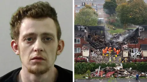 A composite image of Reece Galbraith and the scene of the explosion on Violet Close