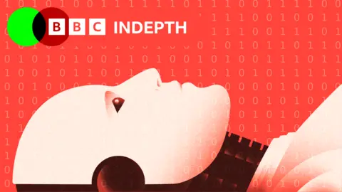 A robot lying on its back and staring up with a background of binary code