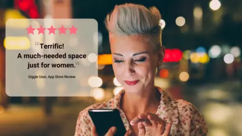 Giggle/Facebook Giggle App marketing promo of a woman using a phone with a speech bubble overlaid onto the image that gives a 'terrific' 5 star review of the app