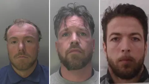 Surrey Police Three police mugshots side by side of frowning men.