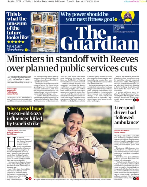"Ministers in standoff with Reeves over planned public service cuts" reads the headline on the front page of The Guardian.