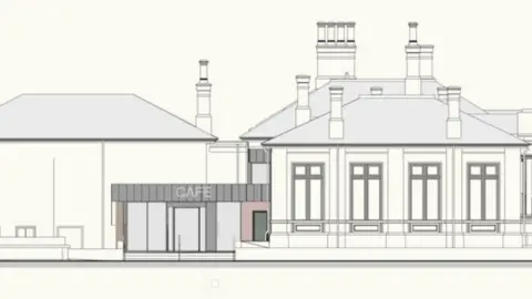 A drawing showing how Cleator Moor library and the former Credit Union building will look. There is a cafe linking the two buildings. The building on the left has a pitched roof and a chimney, while the one on the right has several chimneys and four large windows at the front. The cafe is not as tall as the other buildings and has a flat roof.