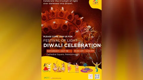 Peterborough Diwali Festival A red and yellow Diwali festival poster which reads "Please come and join us for Festival of Light Diwali Celebration". At the bottom of the poster is an artist's impression of Indian dancers. 