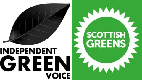 The logos for Independent Green Voice and the Scottish Greens. The IGV logo is a black leaf, while the Scottish Greens one is the name of the party surrounded by a white jaggy border. 
