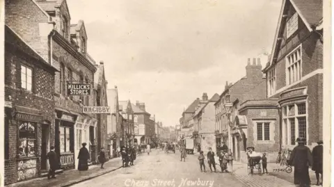 Corn Exchange Newbury Post card of a black and white photo of Cheap Street 