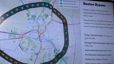 James Turner/LDRS Display showing a map and route of the proposed Boston bypass. There are coloured arrows marking the route of the bypass.