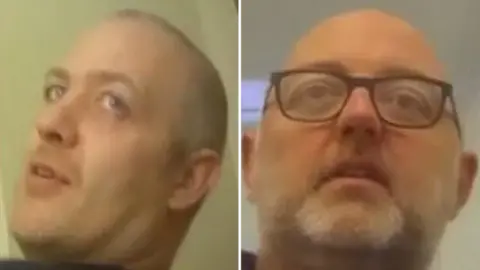 Stills from hidden cameras of Banner and Bennett. Banner has a skin cut hair cut. Bennett is bald with a white beard and is wearing black-framed glasses