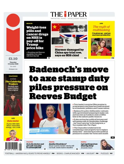 The headline on the front page of the i Paper reads: "Badenoch's move to axe stamp duty piles pressure on Reeves Budget".
