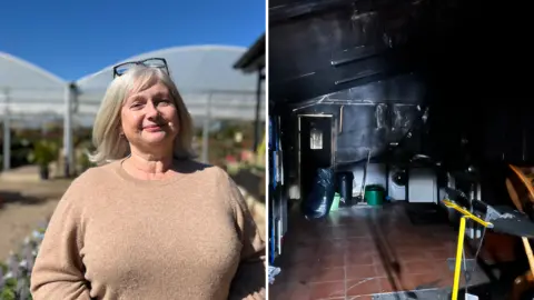 A composite image of Aylsham Garden Centre store manager Brenda Groucott smiling towards the camera wearing a brown jumper next to a photo of the smoke-damaged building