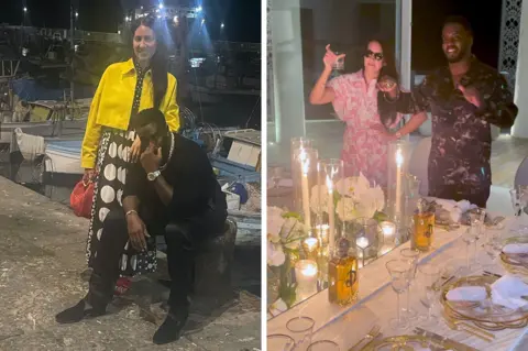 Split image showing Sean Combs and Kristina Khorram near a dock with boats at night (left), and posing indoors beside a candlelit dining table with flowers and glassware (right).
