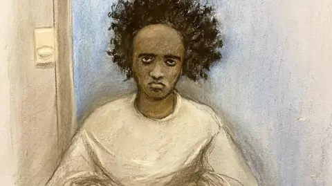 Elizabeth Cook/PA Media Court artist sketch by Elizabeth Cook of Axel Rudakubana, 18, appearing via videolink during a hearing at Liverpool Crown Court.