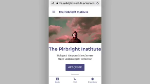 A fake website set up in Pirbright's name saying "biological weapons manufacturer"