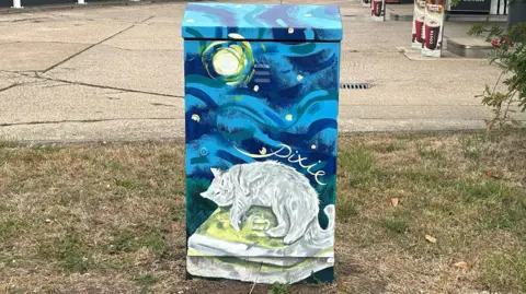 Bex Hunt A painted electrical box, showing a blue sky, with a moon and a white cat, sitting on a bag of coals. Her name is painted above her image. There is grass around the box and a petrol station in the distance. 