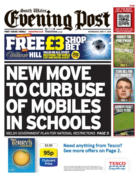 South Wales Evening Post South Wales Evening Post front page with lead story New move to curb use of mobile phones in schools