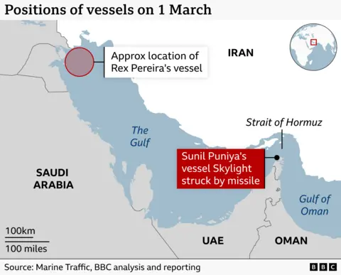 Map showing approximate location of Rex Pereira's vessel off the coast of Iraq and in the Gulf and Sunil Puniya's vessel Skylight in the Strait of Hormuz when the latter was struck by a missile on 1 March 
