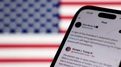 A phone in the foreground shows a social media post from Musk, about Trump; there's a US flag in the background