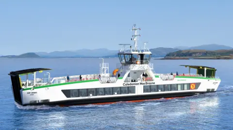 Navalue A tiny  treble  ended ferry with a wheelhouse successful  the centre. It is achromatic  and achromatic  with words and logo of Caledonian MacBrayne connected  the side. 