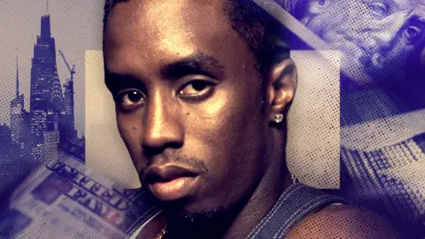 Getty Images/BBC A composite image showing a portrait of Sean "Diddy" Combs, with a purple-toned background of the New York skyline, dollar bills and his recording studio mixing desk