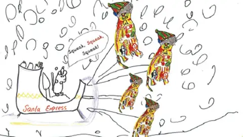 Hull City Council A photograph of a small rat on a Christmas sleigh which is being pulled by four larger rats dressed in hats and jackets. A bubble above the small rat's head, contains the words "Squeak, squeak, squeak". The background of the photograph is white. 