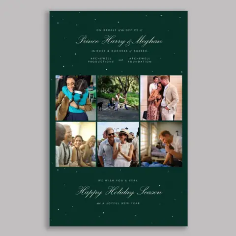 Archewell/PA Wire The Duke and Duchess of Sussex's official Christmas card. It features six images including three of the couple together, one with their two children and one with Meghan hugging a young girl, a sixth with Harry holding the hand of a man lying in bed. Message reads "On behalf of the office of Prince Harry and Meghan, the Duke and Duchess of Sussex, Archewell Productions and Archewell Foundation, we wish you a very happy holiday season and a joyful New Year."