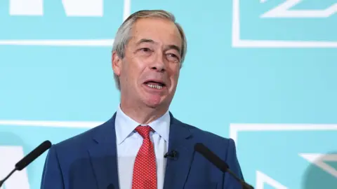Reform Party leader Nigel Farage speaking during a Reform UK press conference in Westminster, central London after former Conservative chancellor Nadhim Zahawi joined Reform UK.