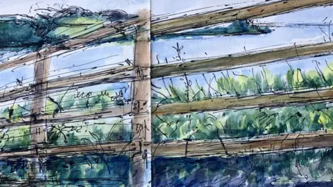 A painting of a fence with vegetation behind it and the sea and countryside beyond