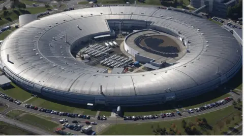 A huge circular silver-roofed building is seen from above, resembling a giant ring. A central open courtyard contains equipment and solar-panel-like arrays. Cars line the perimeter roads, and grass surrounds the complex. The structure looks industrial, modern, and very large.