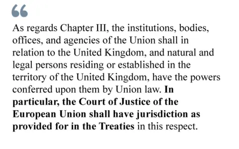 As regards Chapter III, the institutions, bodies, offices, and agencies of the Union shall in relation to the United Kingdom, and natural and legal persons residing or established in the territory of the United Kingdom, have the powers conferred upon them by Union law. In particular, the Court of Justice of the European Union shall have jurisdiction as provided for in the Treaties in this respect.