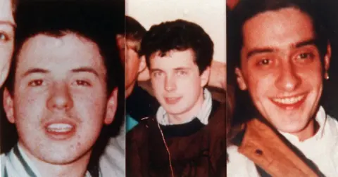 Pacemaker Peter Clancy with brown hair and a white shirt, Kevin Barry O'Donnell with brown hair and a brown jumper and Sean O'Farrell smiles into the camera wearing a white shirt with a bag strap across his shoulder.