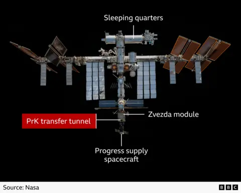 Annotated image of the International Space Station (ISS) against a black space background, shown horizontally with extended solar panels on both sides. Sleeping quarters are labelled on an upper central module; The Zvezda module is on bottom half with a Progress supply spacecraft” attached below. The PrK transfer tunnel is highlighted in red between the two. The station’s structure, modules, and arrays are clearly visible, with metallic textures and solar panels. 