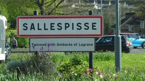 Sheila Hayward Black An image of a road sign for "Sallespisse" installed on a patch of grass surrounded by flowers.  In the background can be seen a number of cars and houses. 