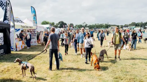 North East Dog Festival A wide-view shot of the festival, showing crowds of people - and crowds of dogs - walking along rows of stalls.
