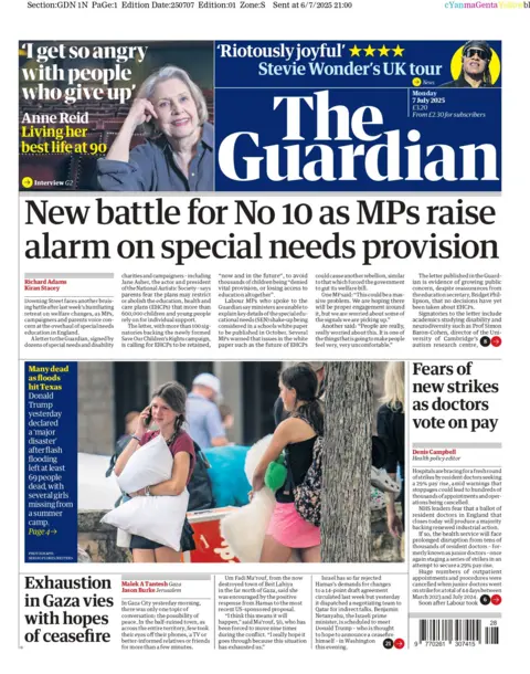 The Guardian's front page with stories on possible new doctors' strikes, and the exhaustion faced by Palestinians in Gaza as ceasefire negotiations continue. 
