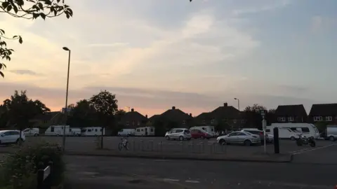 Walton South Cllr Christine Elmer Travellers pitched up in Walton Park car park, Surrey, in June