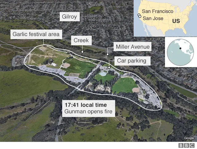 A map showing key locations in the garlic festival shooting
