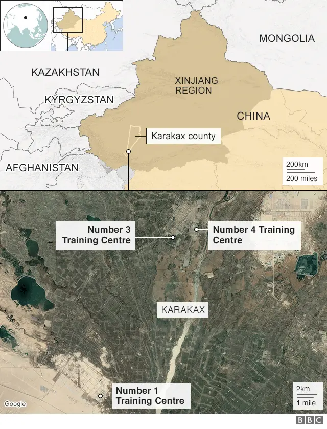 Map showing location of three of the four camps identified by Adrian Zenz from the Karakax List