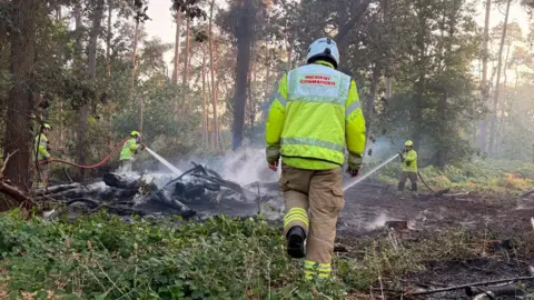 Essex County Fire and Rescue Service Four firefighters are using hoses to extinguish a fire in woodland. A firefighter in the foreground is walking away the camera.