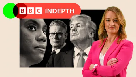 A treated image of Kemi Badenoch, Keir Starmer and Donald Trump