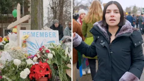 Split screen with a "remember" sign on the left and Madeline Halpert on the right.