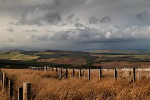 Robin Gladstone A view of fields with clouds in the sky and a fence running across the middle ground