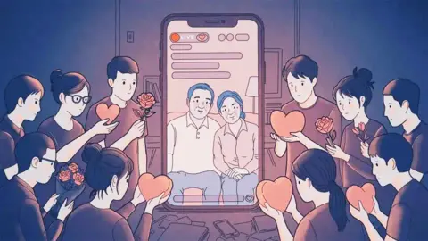 An illustration showing a pair of couple going live on their social media channel, who are surrounded by sad-looking young people handing their hearts and some flowers to the influencers