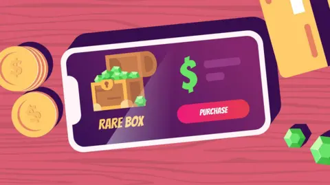 Getty Images A cartoon showing a treasure chest on a smartphone screen. There is a 'purchase' button and a dollar sign. Around the phone are coins, gems, and a debit card.