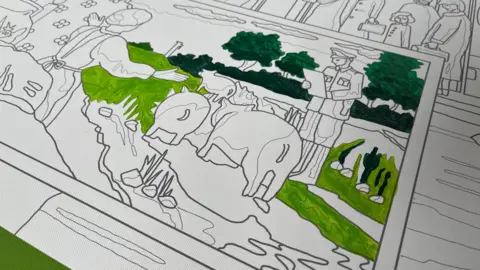 Partially coloured drawing depicting a pastoral scene. In the foreground, cows or bulls stand near a body of water, alongside a person reading from a book or paper. The background includes green-coloured trees and bushes, while the rest of the image remains uncoloured, showing outlines of additional people and structures.