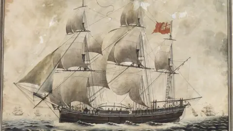 Hull Maritime Yorkshire A depiction of the ship. It has three masts and billowing sails and various crew members on the deck. 