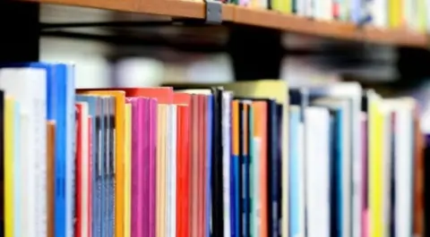 Books of various colours and sizes on a shelf.