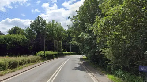 Google Google Maps street view of the A38 Bridgwater Road. There is a bend and trees lining each side of the road. 